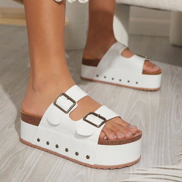 Shoes - White Fashionable Women's Fashion Solid Color Wedge Heel Thick Bottom Sandals